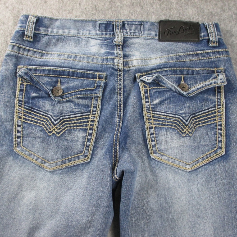 True Luck Jeans Mens 30x29 Straight Leg Medium Wash Whiskered Denim Jeans Blue